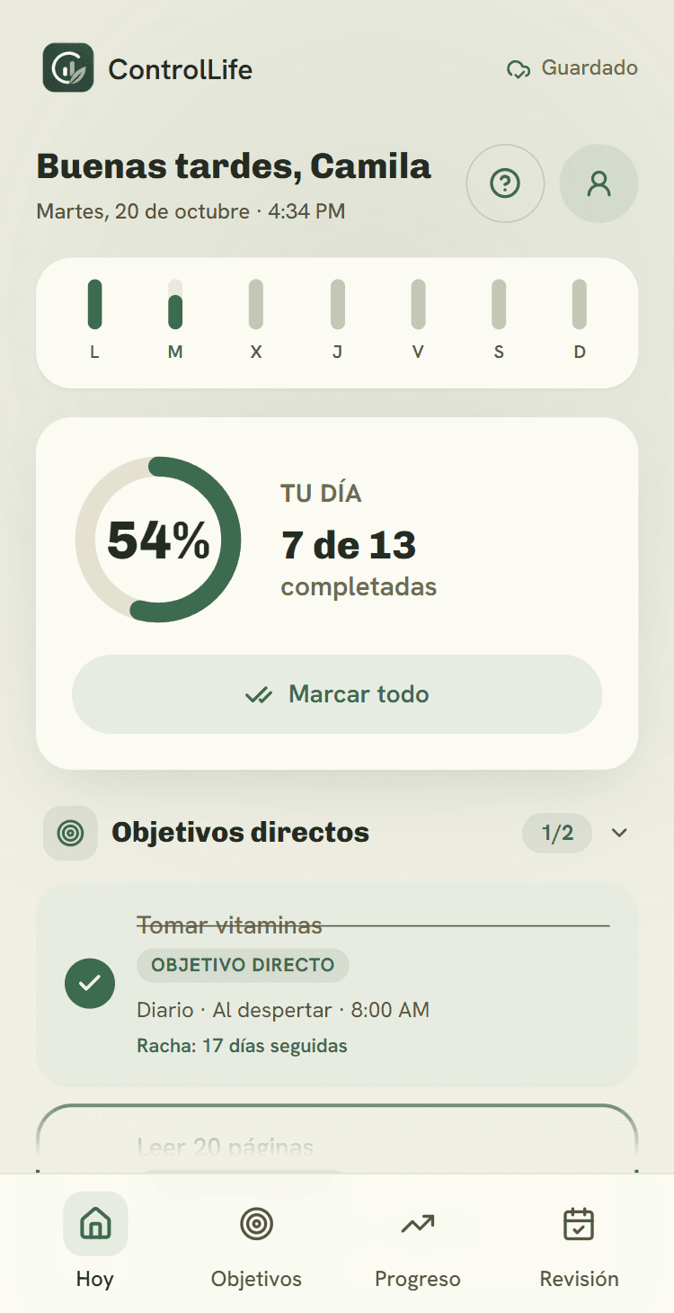 Pantalla Hoy de ControlLife, con los objetivos activos y el progreso del día