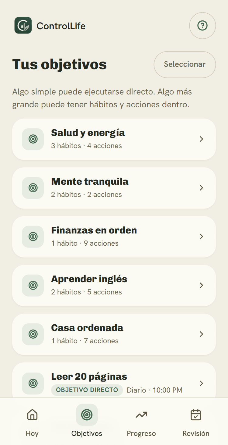 Pantalla Objetivos de ControlLife con varios objetivos activos