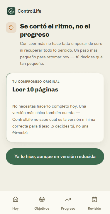 Pantalla RETOMA de ControlLife ofreciendo un paso reducido para volver al ritmo