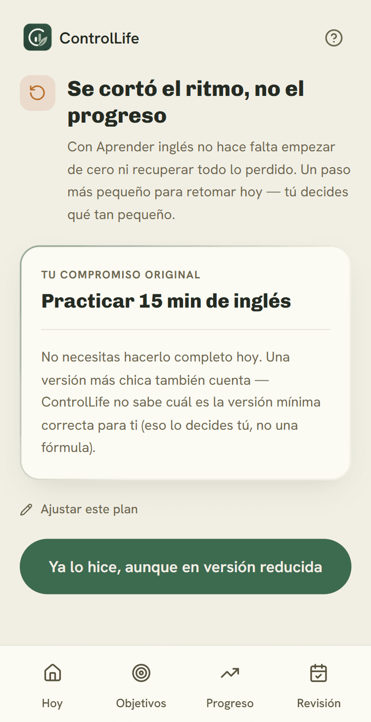 Pantalla RETOMA de ControlLife mostrando el compromiso original y la opción de ajustar los días